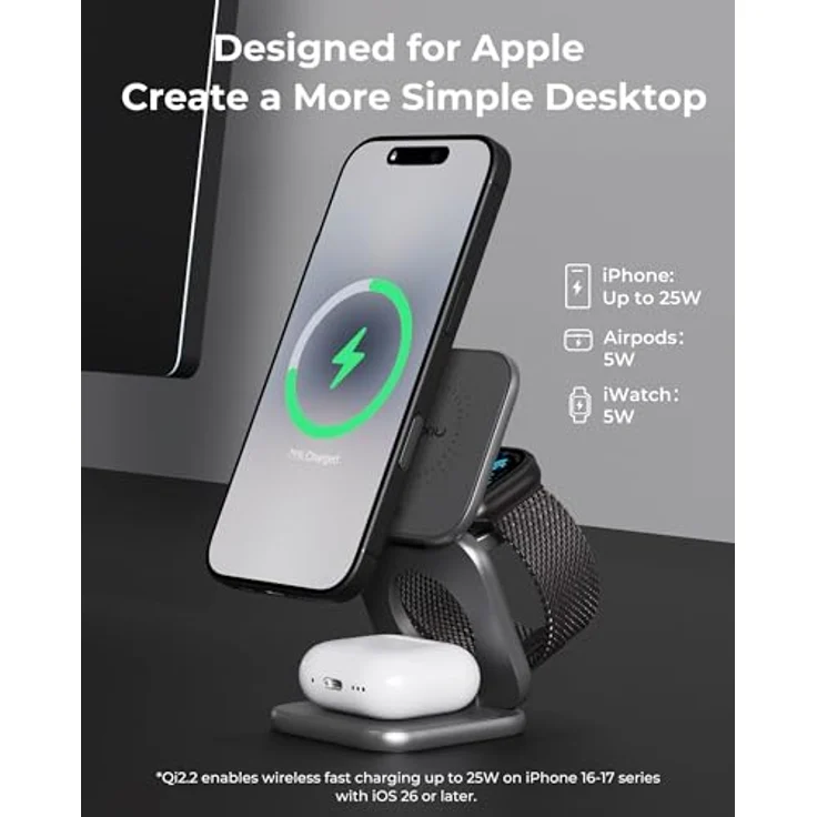 KU XIU X40 Turbo 3-in-1 Ladestation, 25W für iPhone 17/16/15/14/13/12, 5W für Apple Watch und AirPods, faltbares Aluminium-Design, grau, 45W GaN Adapter inklusive – Bild 3
