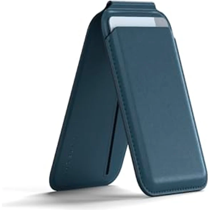 SATECHI Magsafe Wallet und Double Flap Stand mit Magnetfunktion, iPhone Wallet mit 4 Kartenfächern, Frontklappe NFC Pass Through für iPhone 15, iPhone 14, iPhone 13, iPhone 12 – Vegan Leder, Blau – Bild 1