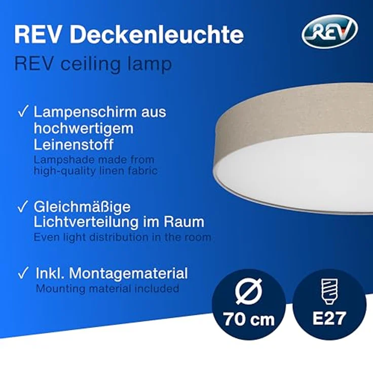 REV Deckenlampe - Deckenleuchte im Vintage-Look, taupe, rund 70cm mit Stoff-Lampenschirm, flexibel einsetzbar – Bild 2