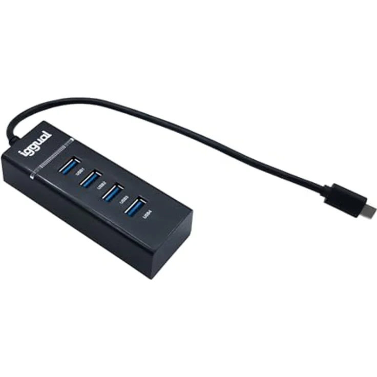 iggual USB-C-Hub mit 4 USB-3.0-Anschlüssen, Typ-C-Adapter, Blaue LED-Anzeige, Sicherungsschutz, 30 cm Kabel, kompatibel mit MacBook Pro/Air, iPhone und Galaxy – Bild 1