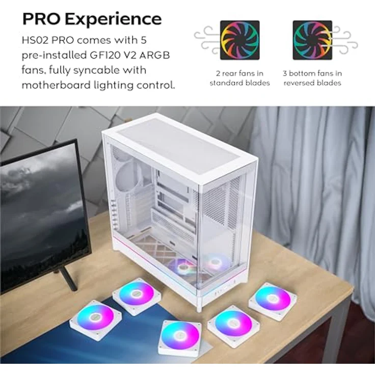Montech HS02 Pro Weiß, ATX/Micro-ATX/Mini-ITX PC-Gehäuse mit gehärteten Glasseiten, 5x120mm Lüfter, USB 3.2 Gen 1 und max. 400mm Grafikkartenlänge – Bild 6