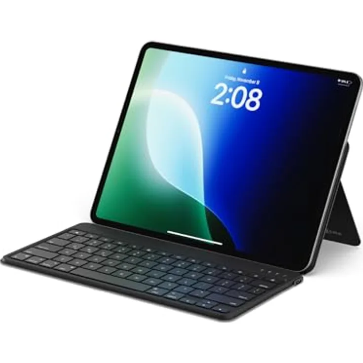 SATECHI OntheGo™ Kompakte Bluetooth Tastatur mit verstellbarem Ständer, Multi-Geräte-Konnektivität, wiederaufladbarem USB-C Akku, ergonomisches Design, US-QWERTY-Layout – Schwarz