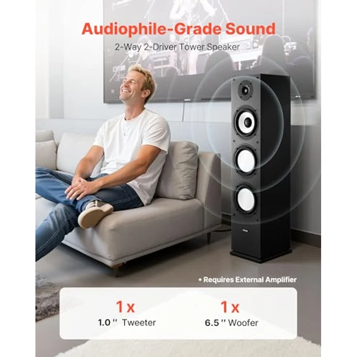 VEVOR Standlautsprecher, 2-Wege-System mit 2,54 cm Hochtöner und 16,51 cm Tieftöner, 200 W Spitzenleistung, 70 Hz–20 kHz Frequenzgang, robustes MDF-Gehäuse, für Home-Audio, Einzelgerät – Bild 2