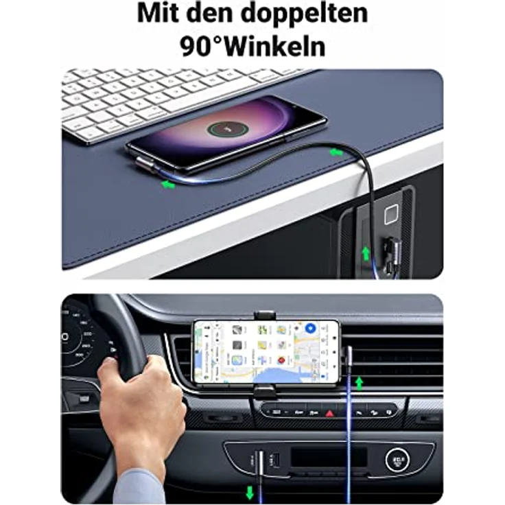 UGREEN USB C Ladekabel Winkel Nylon USB auf USB C Kabel 1M, 90 Grad Winkelstecker, 480 Mbps, Galaxy S24/S24+/S23, Redmi 10, iPhone 15 Pro Max - Schwarz – Bild 4