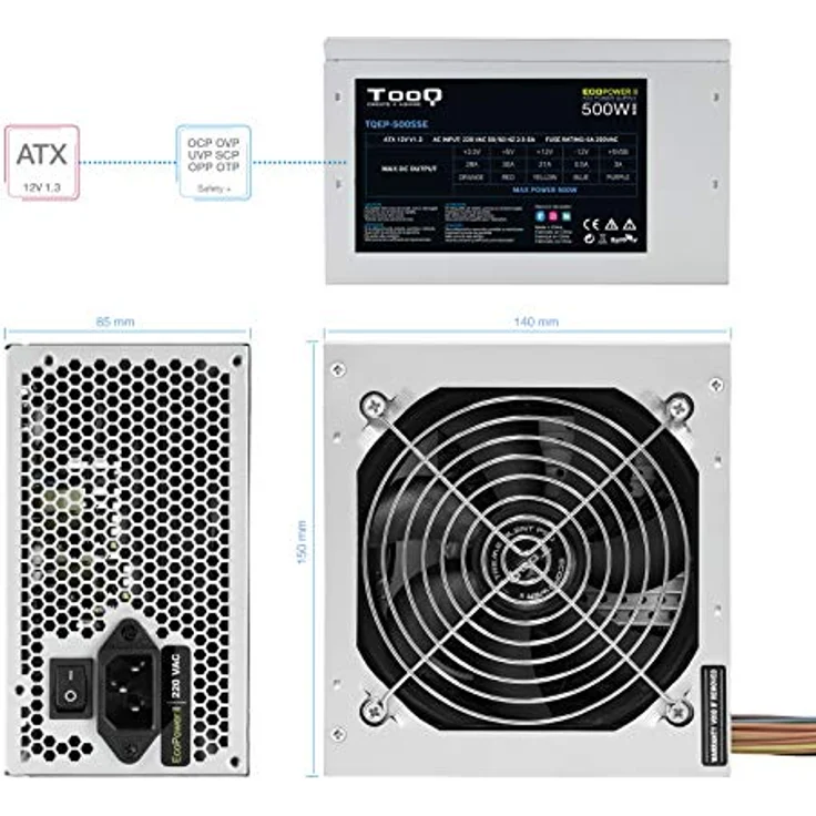 TooQ TQEP-500SSE - 500 W Ecopower II Netzteil mit aktivem PFC, geräuschloser 120mm Lüfter mit automatischer Drehzahlregelung (ATX 12V V1.3, -, Farbe Silber) – Bild 5