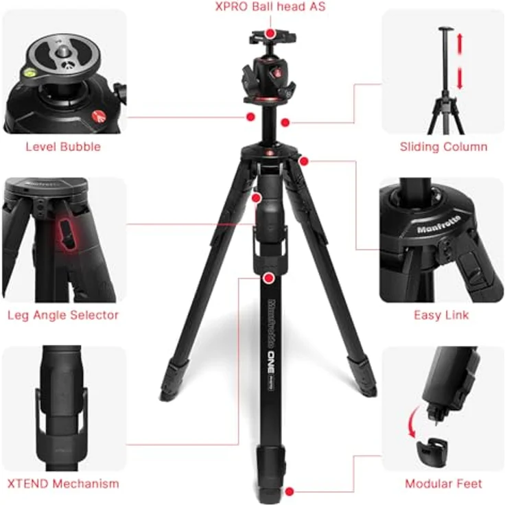 Manfrotto One Photo Alu Stativ mit Kugelkopf AS (Q6T), ultrastabil mit XTEND-Beintechnologie und Arca-Swiss Top Lock, 90°-Mittelsäule, modulare Füße – Bild 2