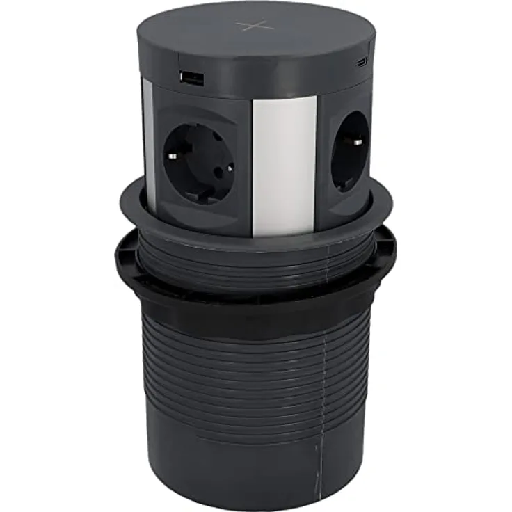 BLAUPUNKT Tischsteckdose Pushup 4 A + 2-Fach USB C mit induktivem Laden, anthrazit, 2 Meter