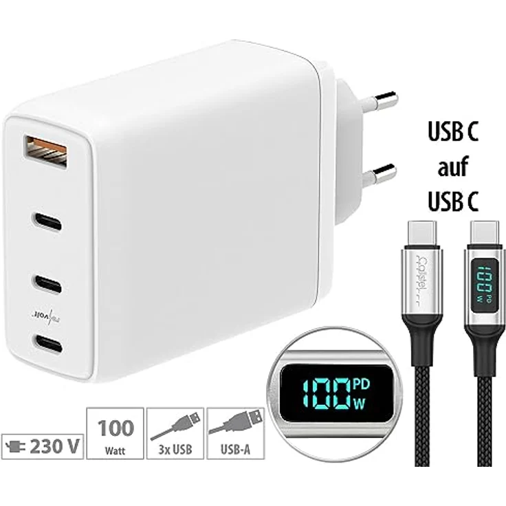 revolt PD Ladegerät, 120W PD 4-Port-USB-Netzteil in Weiß, inkl. 2x 100W-PD-USB-C-Ladekabel, intelligentes Quick-Charge-Ladegerät für iPhone und mehr – Bild 3