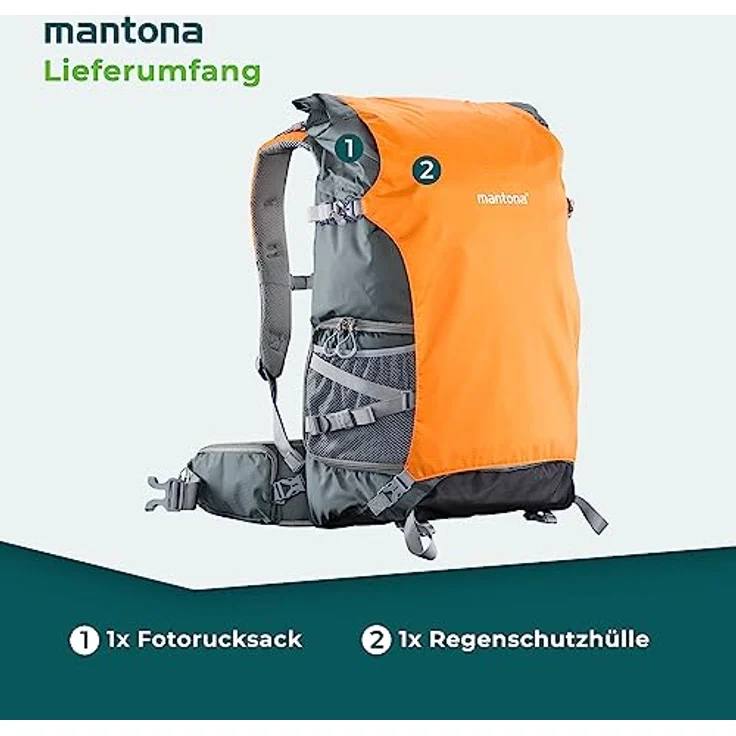 Mantona ElementsPro 50 Outdoor und Kamerarucksack (geeignet für 1 bis 2 Kameras, 4 bis 5 Objektive, Netzteil und Zubehör, Laptop-Fach bis 15 Zoll, aus praktischem Nylon mit Regenschutz) grau-orange – Bild 5