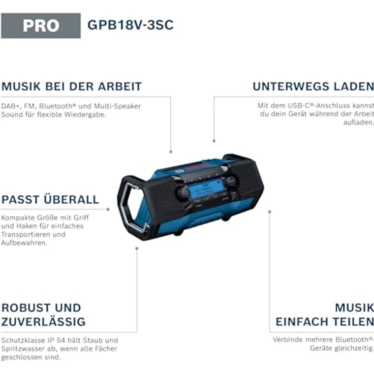 Bosch PRO 18V System Akku-Radio GPB18V-3SC, DAB+, Bluetooth, FM, Multi-Speaker-Sound, tragbar mit Griff und Haken – Bild 2
