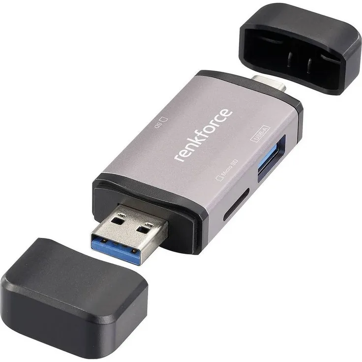 Renkforce Externer USB-C®/USB-A Speicherkartenleser für SD- und microSD-Karten, kompakt und leicht