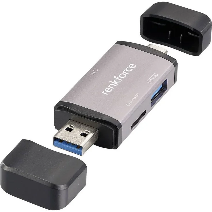 Renkforce Externer USB-C®/USB-A Speicherkartenleser für SD- und microSD-Karten, kompakt und leicht