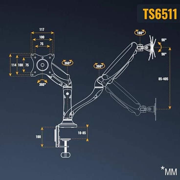 RICOO Monitor Tischhalterung für Monitore Monitorhalterung TS6511 Gasfeder Monitorständer Schwenkbar Neigbar Höhenverstellbar Schreibtisch Bildschirmständer Tisch Ständer Monitorhalterungen VESA 75x75 100x100 / Schwarz – Bild 8