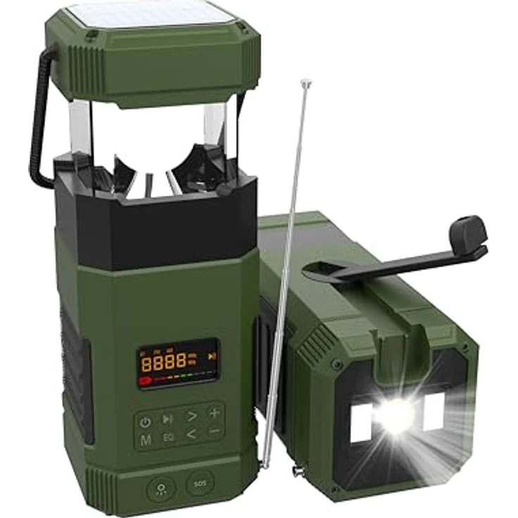 Libovgogo DF-585 AM UKW Kurbelradio, Bluetooth Lautsprecher, Solar Campinglampe, IP65 wasserdicht, 3 Lichtmodi, Handyladefunktion, Notfall-Taschenlampe, für Outdoor und Wohnmobilreisen – Bild 1