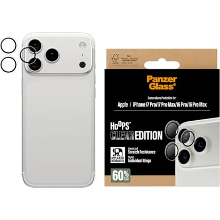 Panzer Glass Hoops Transparent PG38406, Kamera-Schutz für iPhone 16 Pro/17 Pro, kristallklarer Schutz ohne Verzerrung