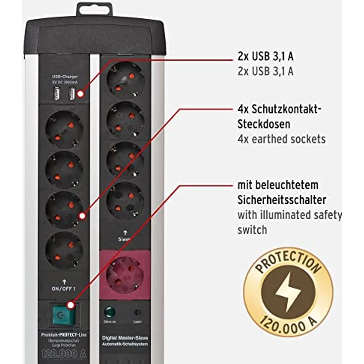 Brennenstuhl Premium-Protect-Line Gaming-Steckdosenleiste 11-fach mit Überspannungsschutz, Master Slave Funktion und 2 Schalter (Mehrfachsteckdose 2-fach USB 3,1 A, 3m Kabel, Made in Germany) – Bild 3