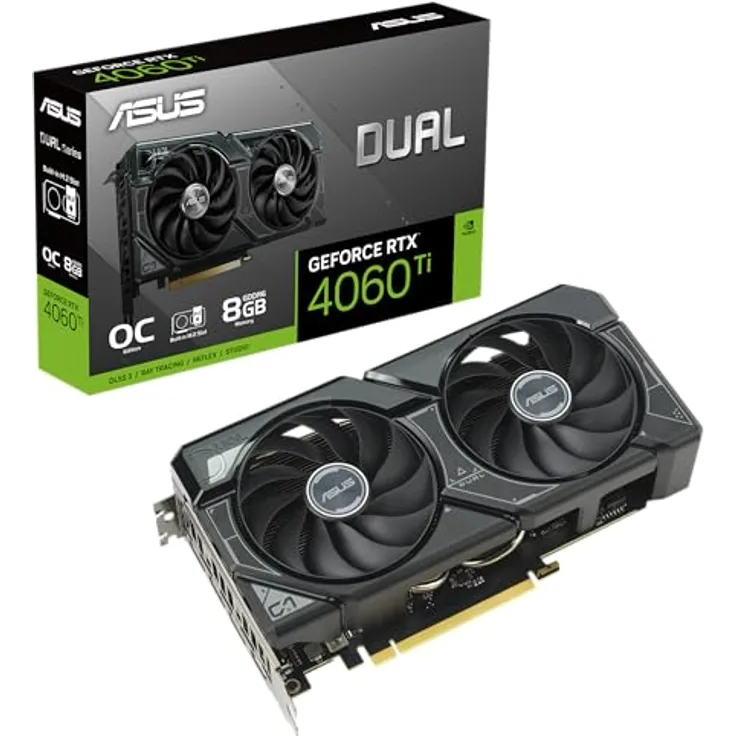 ASUS Dual GeForce RTX 4060 Ti SSD OC Edition 8GB GDDR6 Gaming Grafikkarte (NVIDIA GeForce RTX4060Ti DLSS 3, integrierter M.2 SSD Steckplatz, 1x HDMI 2.1a, 3X DisplayPort 1.4a, DUAL-RTX4060TI-O8G-SSD)
