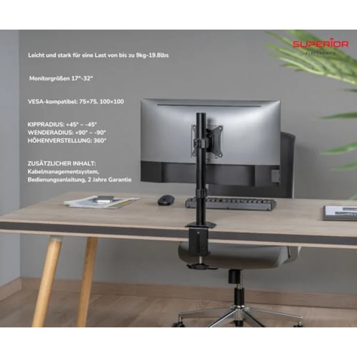Superior Driak na Monitor 17-32" SINGLE, TV-Tischständer für VESA 75x75 und 100x100, neigbar und drehbar, bis 9 kg Belastbarkeit, höhenverstellbar, stabil aus Stahl – Bild 6