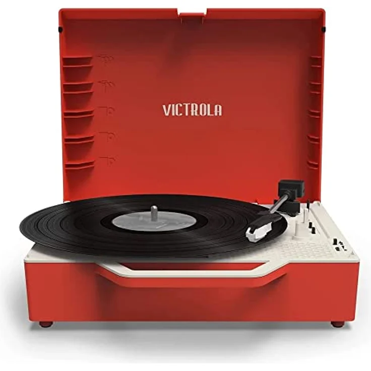 Victrola Re-Spin nachhaltiger Kofferplattenspieler mit Vinyl-Streaming an Bluetooth-Lautsprecher | Aus 25% recyceltem Kunststoff | Rot | VSC-725SB-POR-INT – Bild 2