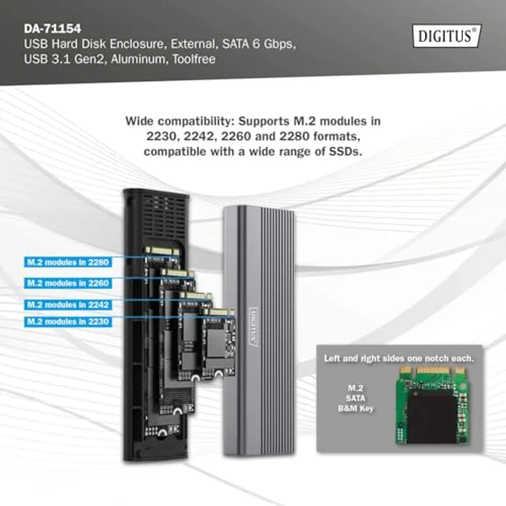 DIGITUS externes M.2-Gehäuse - USB 3.1 Gen2 Typ-C - 6 Gbit/s - Unterstützt SATA-SSDs bis 8 TB - Werkzeuglos - Aluminiumgehäuse - Grau – Bild 3