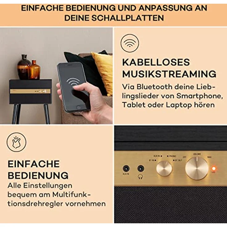 Auna Plattenspieler mit Lautsprecher, Retro-Schallplattenspieler mit Bluetooth & Standfüßen, Schwarz – Bild 4