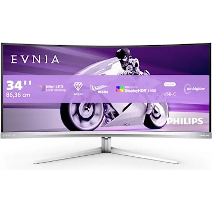 PHILIPS Evnia 34M2C7600MV - 34 Zoll WQHD Curved Gaming Monitor, 165 Hz, HDR1400, FreeSync Premium Pro, G-Sync Compatible (3440x1440, HDMI 2.1, DisplayPort, USB-C, USB Hub) Weiss