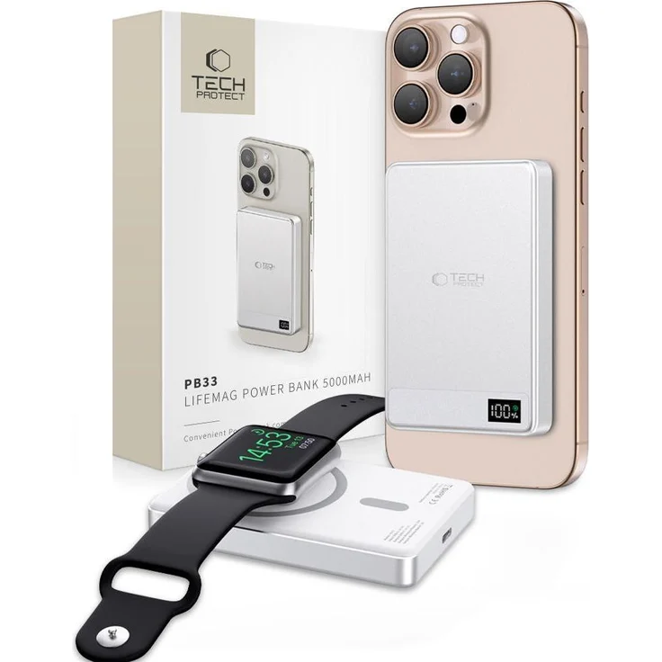 Tech-Protect PB33 LifeMag MagSafe Powerbank 5000mAh, Silber, mit LED-Display und USB-C Anschluss