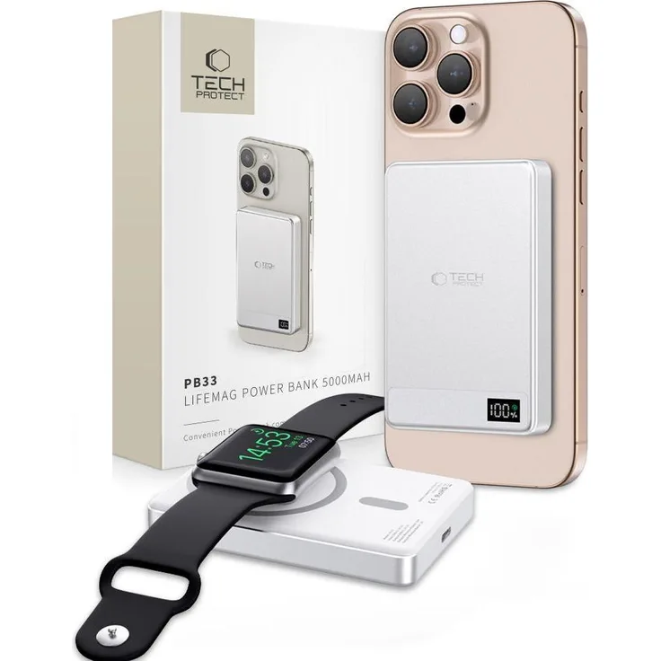 Tech-Protect PB33 LifeMag MagSafe Powerbank 5000mAh, Silber, mit LED-Display und USB-C Anschluss