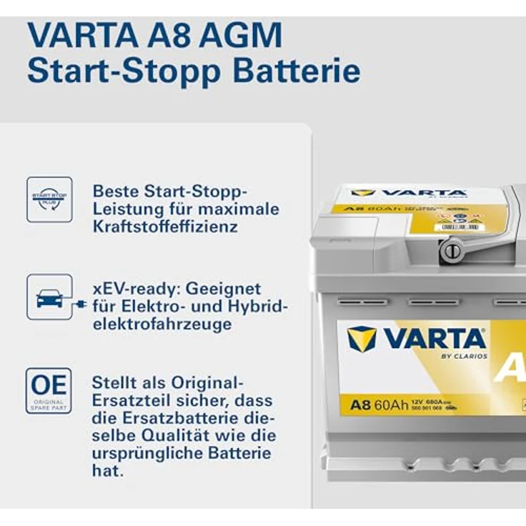 Varta Silver Dynamic AGM A8 12V 60Ah Autobatterie für Start-Stopp-Systeme, wartungsfrei, 680A Kaltstartstrom – Bild 2