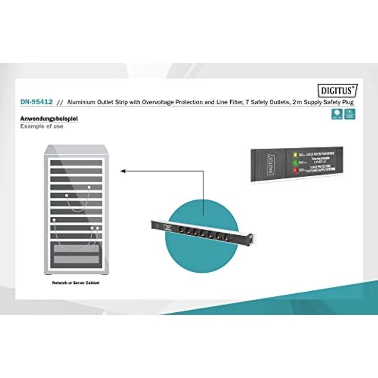 DIGITUS 19'' Steckdosenleiste, 7 Abgriffe, 1HE, 250VAC, 50-60Hz, 16A, 4000W, mit Überspannungsscchutz & Frequenzfilter – Bild 3