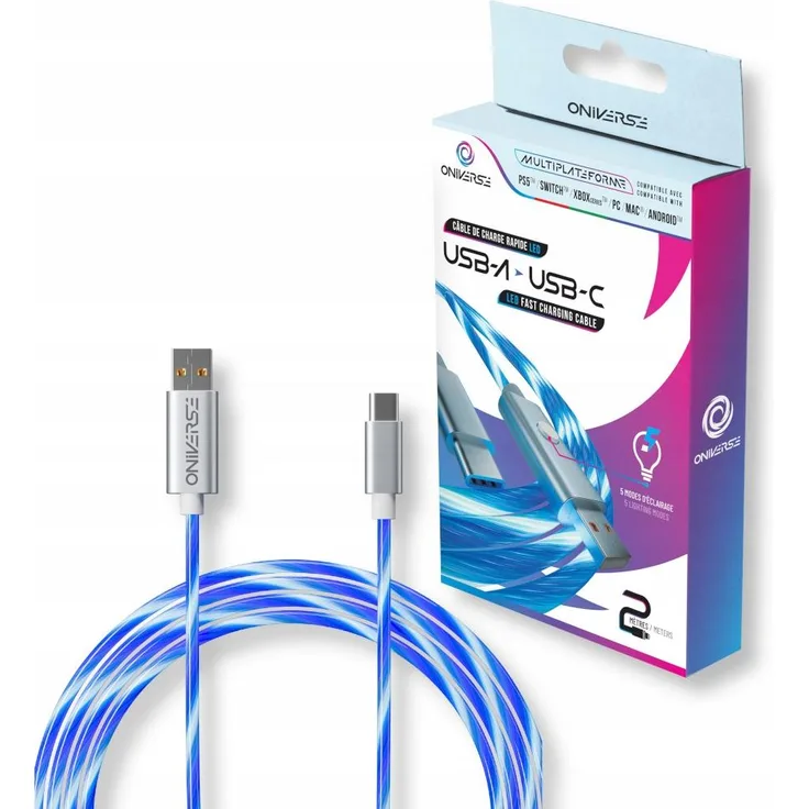 Oniverse USB LED Kabel, 2 Meter, 5 Leuchtmodi, USB Typ C, schnelles Laden, kompatibel mit PS5, Xbox, Switch, PC, MAC, Android, iPhone 15