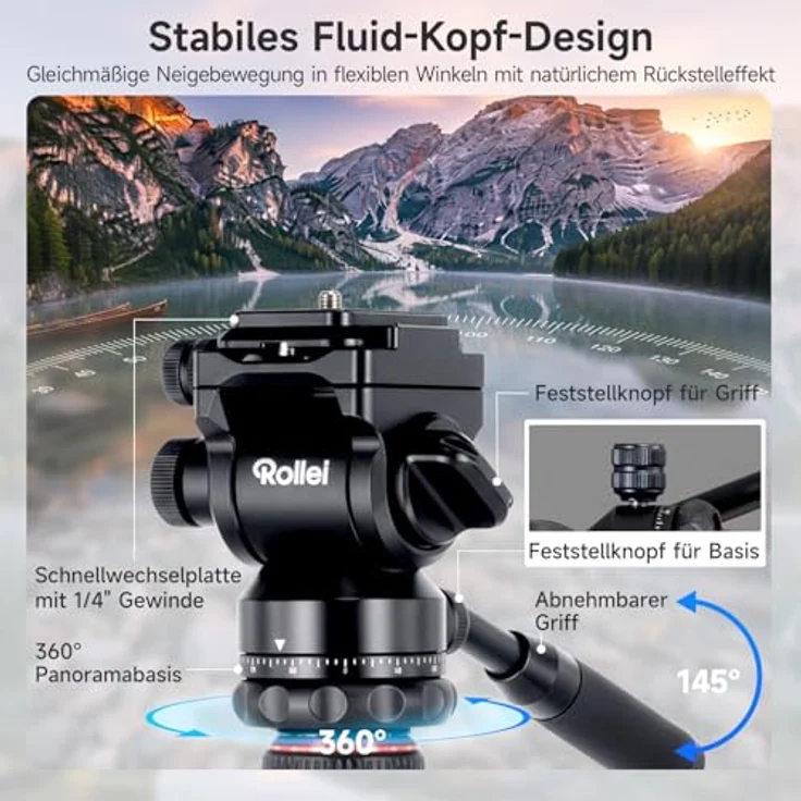 Rollei Compact Traveler No.2 XL, Aluminium Video Stativ mit Fluidkopf, 212 cm höhenverstellbar, inkl. Einbeinstativ und Smartphone-Halterung – Bild 2