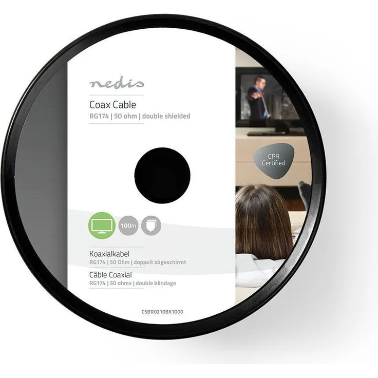 Nedis RG174 Antennenkabel, 100 m Koaxialkabel 50 Ohm, ein einzeln geschirmtes PVC Kabel in Schwarz, 50 dB
