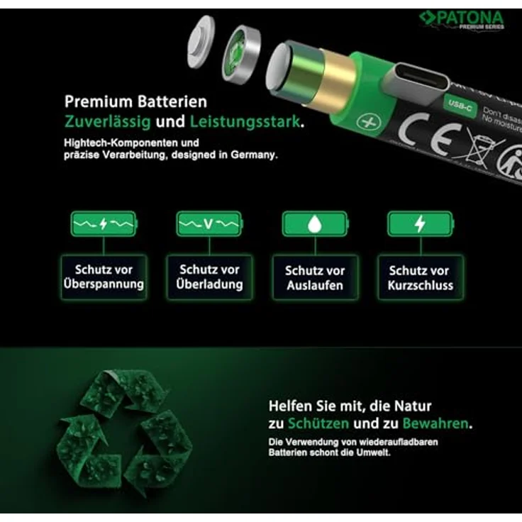 PATONA Mignon AA Akkus USB-C (4er Pack), 1,5V / 3000 mWh, 2000 mAh, Aufladbar über USB-C (350mA) - Praktisches Ladekabel mit 2 Anschlüssen – Bild 3
