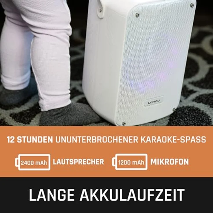 Lenco BTC-060WH, Bluetooth Lautsprecher mit 12h Akkubetrieb, drahtlosem Mikrofon und LED-Beleuchtung, Weiss – Bild 5