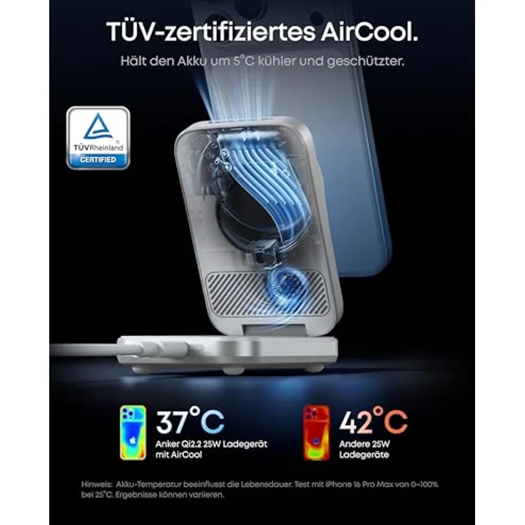 Anker Prime 3-in-1 Ladestation, Qi2.2 25W, AirCool kabelloses Ladegerät für iPhone, Apple Watch und AirPods, faltbar, kompakt – Bild 3