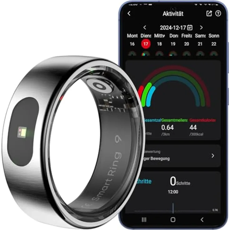Newgen Medicals Fitness-Smart-Ring FRI-101, Fitnesstracker-Ring mit Touch-Bedienung, Herzfrequenz-, SpO2- und Temperaturmessung, wasserdicht bis 5 ATM, Größe 68, silber gebürstet