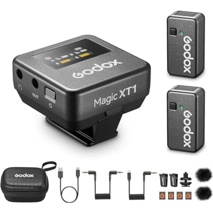 Godox Magic XT1 kabelloses Lavalier-Mikrofon für Kamera, Android, iPhone 15, PC, 48 kHz/24-Bit-Audio, Touchscreen-Empfänger, Geräuschunterdrückung, 2,4-G-Mikrofon mit 200 m Reichweite in schwarz