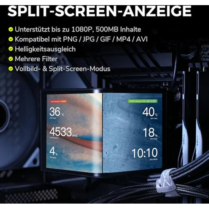 TRYX Panorama 360 ARGB, 360mm AIO Wasserkühlung mit 6,5'' Curved AMOLED Display, 320 W TDP, für Intel- & AMD-CPUs, schwarz – Bild 5