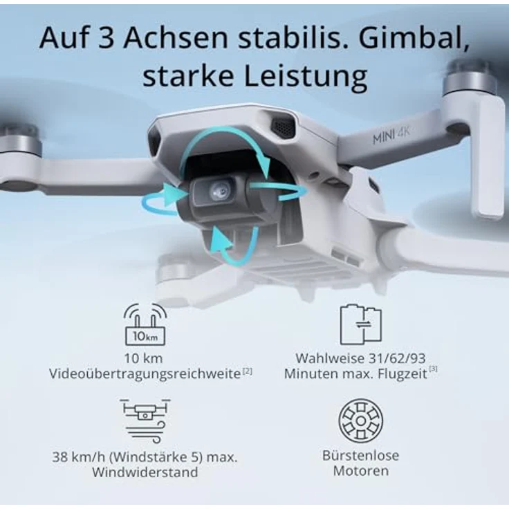 DJI Mini 4K, Drohne mit 4K UHD Kamera für Erwachsene, unter 249 g, 3-Achsen Gimbal Stabilisierung, 10 km Videoübertragung, autom. Rückkehr, Windwiderstand, 1 Akku für 31 min Flugzeit, C0, QuickShots - Preisvergleich – Bild 3