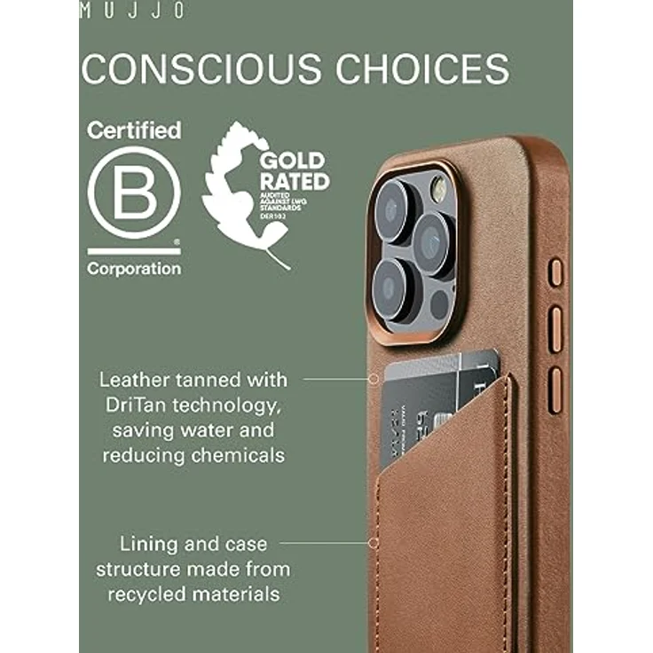Mujjo Leather Wallet Case iPhone 15 Pro braun - Brieftaschen-Funktion, außergewöhnlicher Schutz, Magsafe-kompatibel – Bild 3