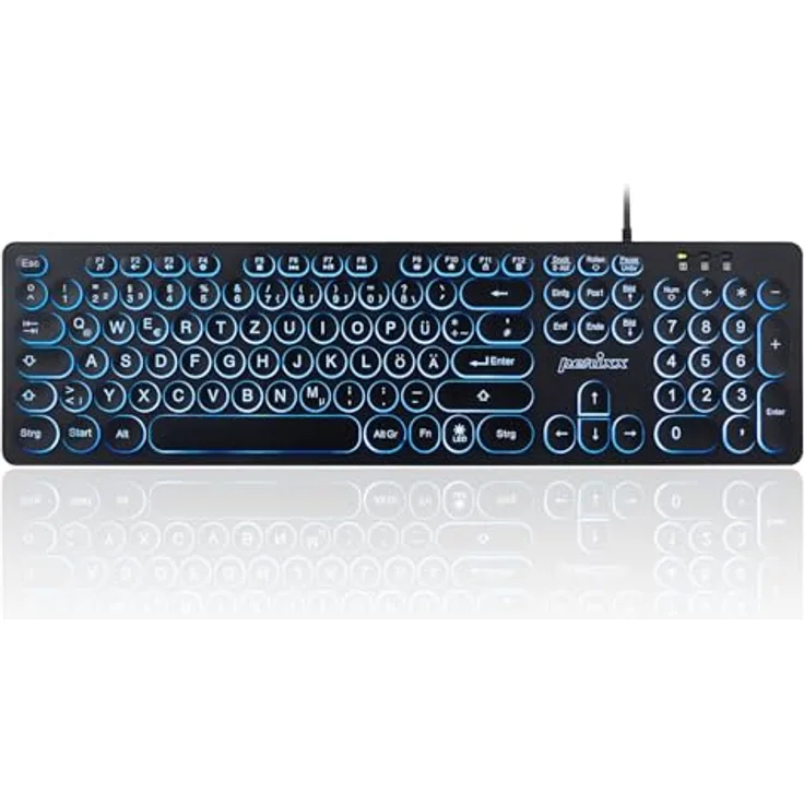 Perixx PERIBOARD-317R Kabelgebundene USB-Tastatur mit Hintergrundbeleuchtung – Großbuchstaben – dreifarbig beleuchtete LED – stilvolle runde Tastenkappen – DE QWERTZ-Layout, schwarz