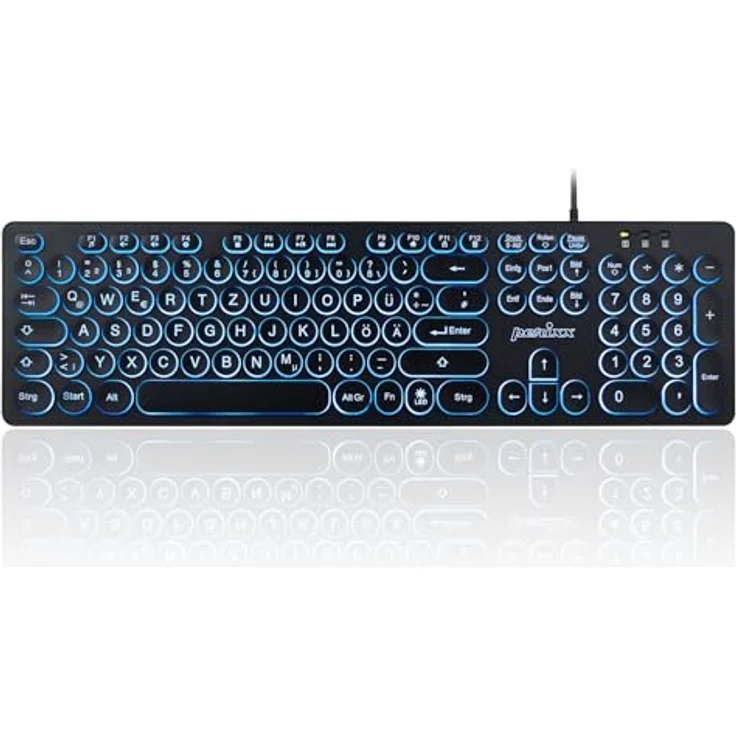 Perixx PERIBOARD-317R Kabelgebundene USB-Tastatur mit Hintergrundbeleuchtung – Großbuchstaben – dreifarbig beleuchtete LED – stilvolle runde Tastenkappen – DE QWERTZ-Layout, schwarz – Bild 1
