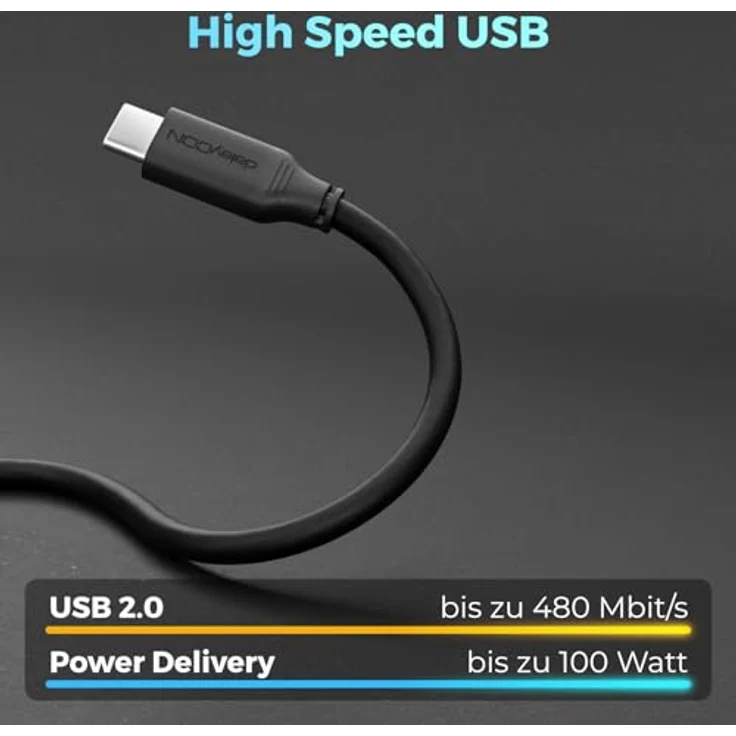 deleyCON 0,5m USB C Kabel PD3.0, 100W Schnellladekabel mit E-Marker Chip, kompatibel mit iPhone 17/16/15 Pro Max, Galaxy S26/S25/S24/S23/S22, Pixel, iPad Pro, MacBook Air, Schwarz – Bild 4