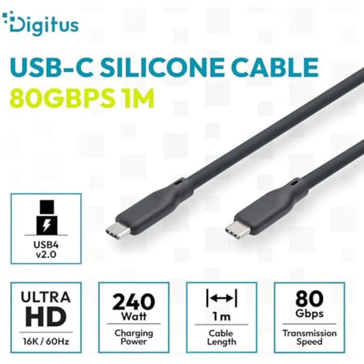 DIGITUS USB-C Kabel – USB4 Version 2.0 – 1.0 m Typ-C zu Typ-C – 80 Gbit/s, 16K Videoauflösung, PD 3.1 240W, flexibler Silikonmantel mit Knickschutz, Soft-Touch – Schwarz – Bild 2