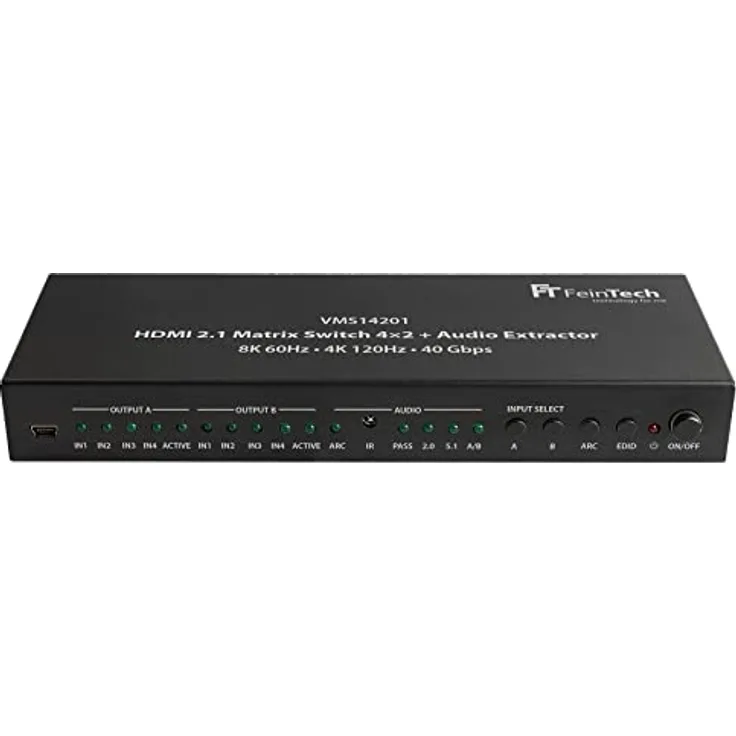FeinTech VMS14201 HDMI 2.1 Matrix Switch 4x2 Umschalter 4K 120Hz 8K Ultra-HD 4 in 2 Out Audio Extractror ARC Toslink SPDIF Downscaler für Xbox PS5 TV Monitor HDR VRR 40Gbps