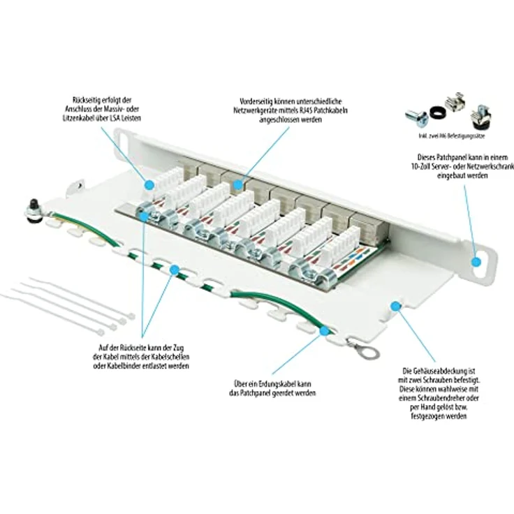 Patchpanel/Patchfeld - 10" - Servermontage/Rackeinbau - Cat. 6A, 500 MHz - 10-GIGABIT-fähig - 8-Port - 0,5 HE - STP geschirmt - werkzeugloses Öffnen - Reinweiß (RAL9010) – Bild 3