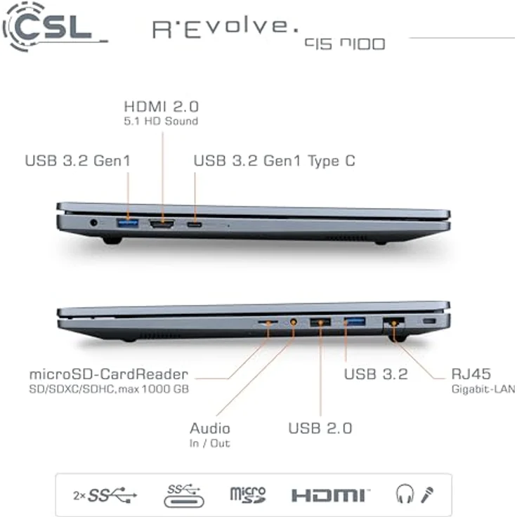 CSL-Computer Notebook R'Evolve C15 v4 Windows 11 Pro - Ultra-Slim Laptop, 15,6 Zoll FHD Display, Intel N100 CPU, 500 GB SSD, 16 GB RAM, USB 3.2, BT 5.1, AC WLAN, Schwarz – Bild 4