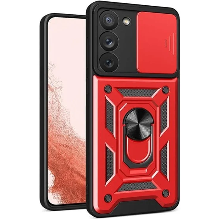 Hurtel Hybrid Armor Camshield Case für Samsung Galaxy S23+, robustes Kameracover mit privatsphärenschutz, rot