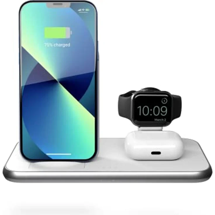 ZENS Stand+Watch 2x10W Aluminium 4in1 kabelloses Ladegerät (Apple & Samsung Fast Charging, Qi/MFi-Zertifiziert, Netzteil + Kabel inklusive) Weiß – Bild 2